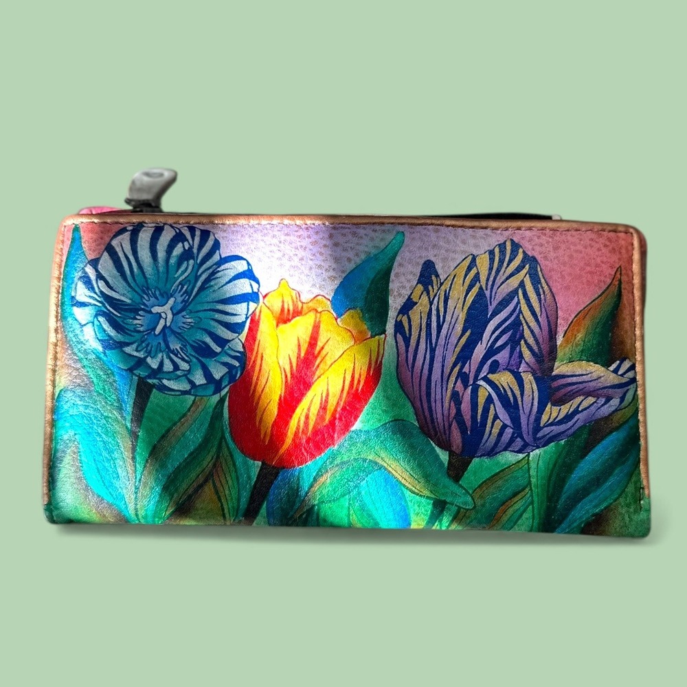 Anuschka Handpainted Leather Wallet Clutch Floral Tulips Tri Fold